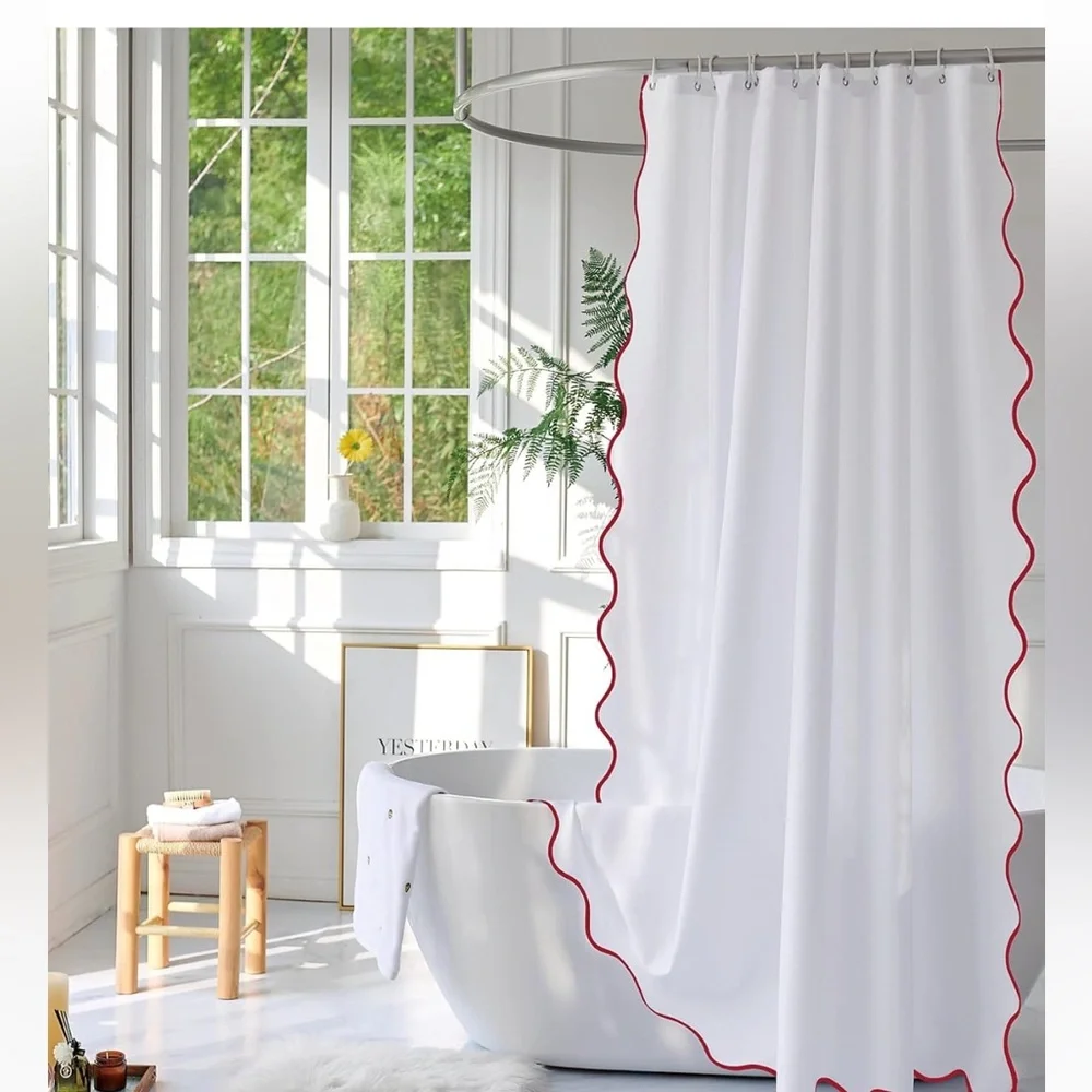 Shower Curtain with Red Scalloped Trim